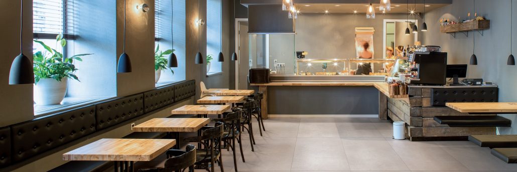 Interior of restaurant. Wooden design.